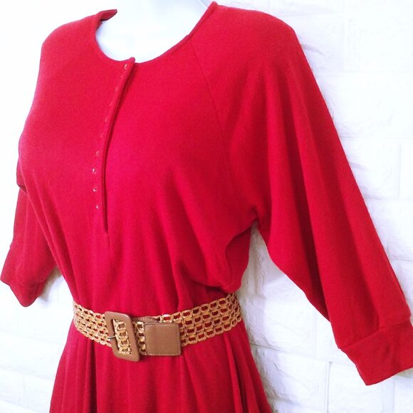 Vintage 80s Walden Classics Knit Shirtwaist Dress (12) Pockets Crew-Buttonup Red - Picture 4 of 11